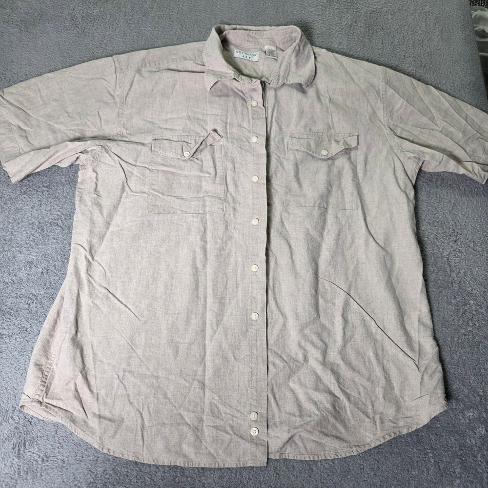 Covington Mens XL Button Up Shirt Tan Short Sleeve Linen Blend Utility Pocket